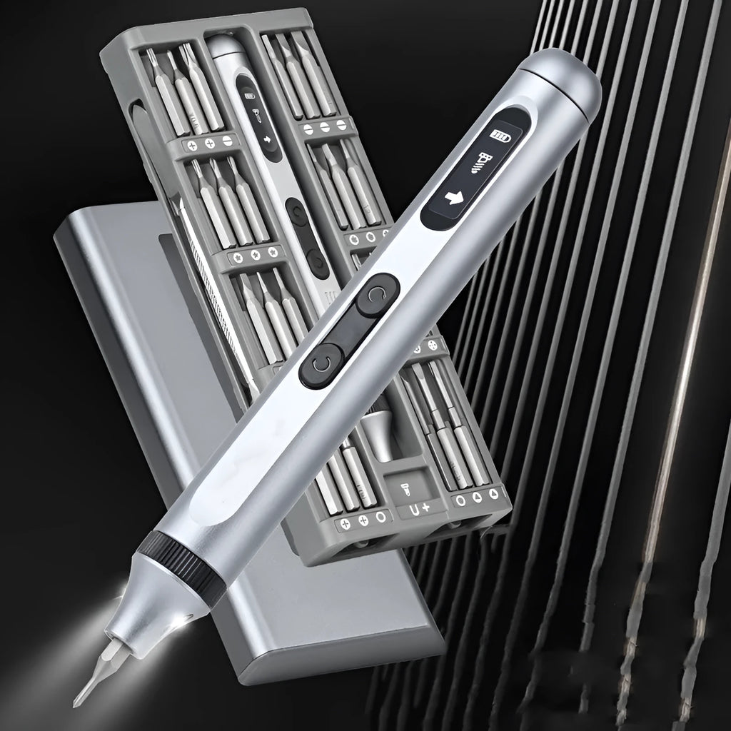 Precision electric screwdriver with aluminium alloy handle showing length and design details