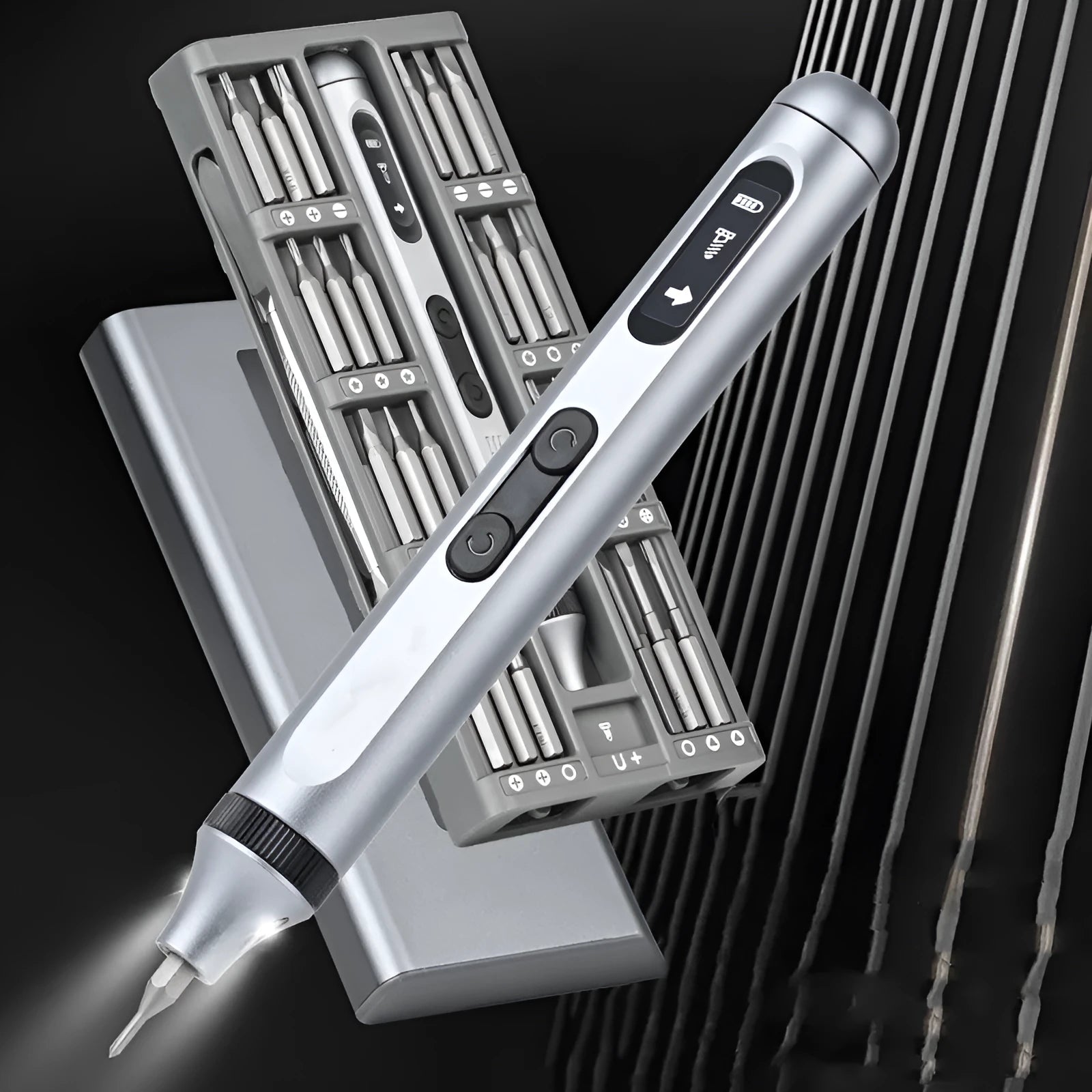 Precision electric screwdriver with aluminium alloy handle showing length and design details