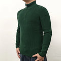 Men's black half-turtleneck zipper sweater pullover on a hanger.