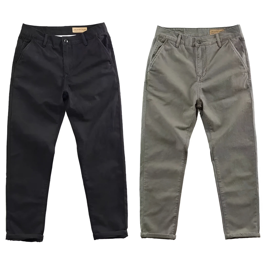 Men's slim washed casual trousers in micro elastic fabric, straight leg cut, shown in black, gray, khaki, navy blue