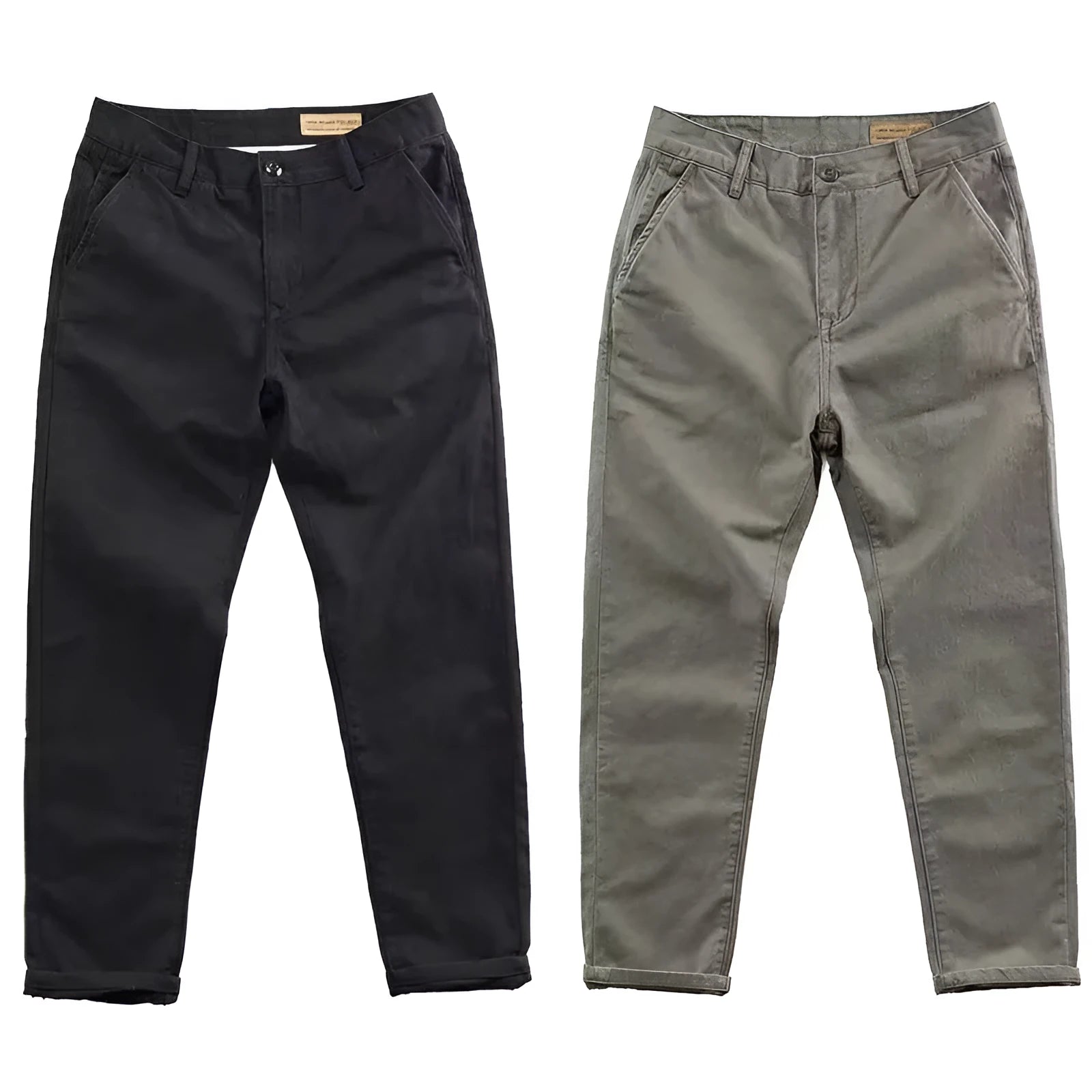 Men's slim washed casual trousers in micro elastic fabric, straight leg cut, shown in black, gray, khaki, navy blue