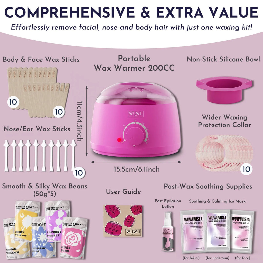 Professional waxing kit with hard wax beans, warmer, lotion, ice masks and applicators for face, body and nose.