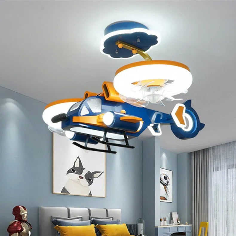 Yellow and blue ceiling fan light with acrylic lampshade and metal blades, remote control on side