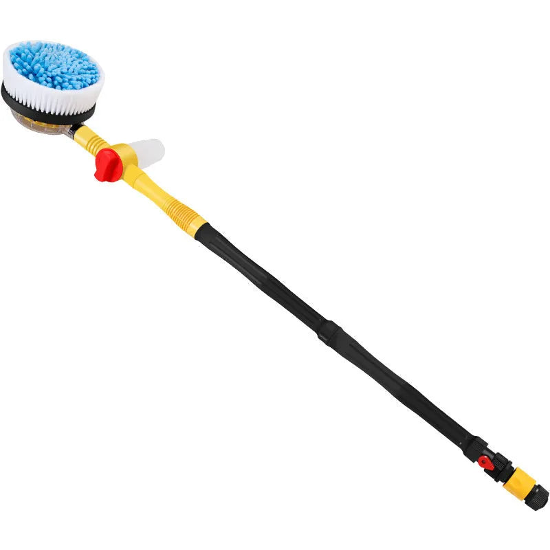 Bright yellow car wash mop cleaning tool with a long hose and a brush head featuring chenille and outer plastic bristles.
