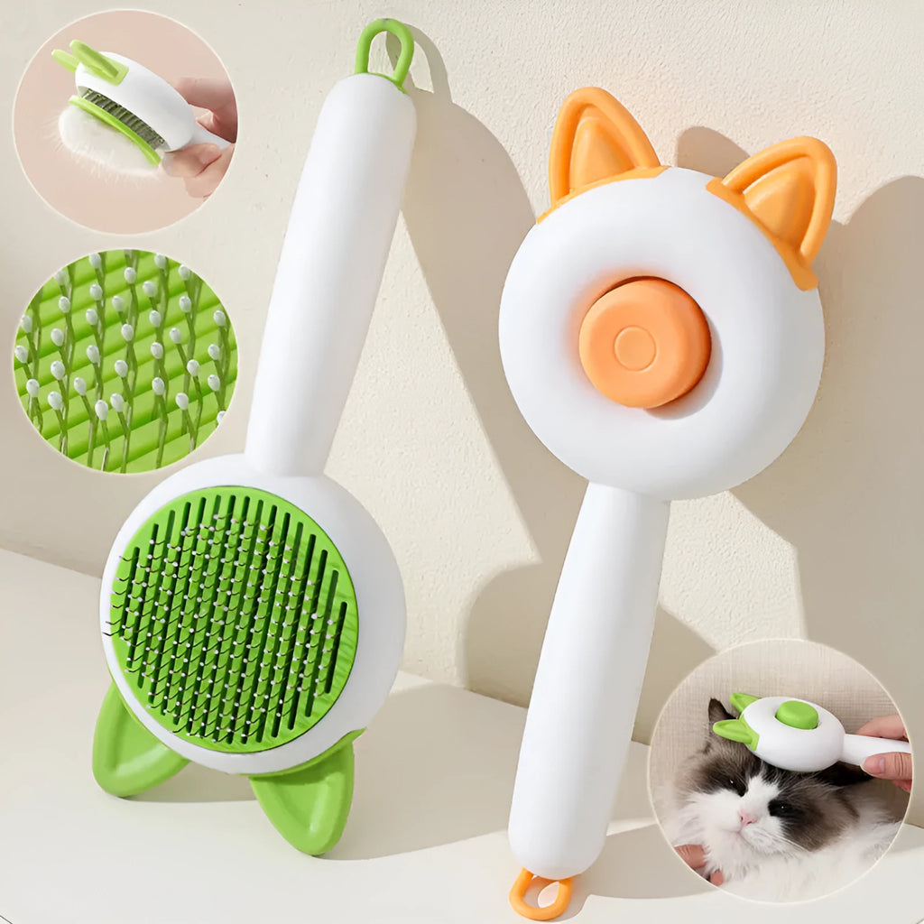 Self-cleaning pet hair comb for cats in greenish white and orange white colour options