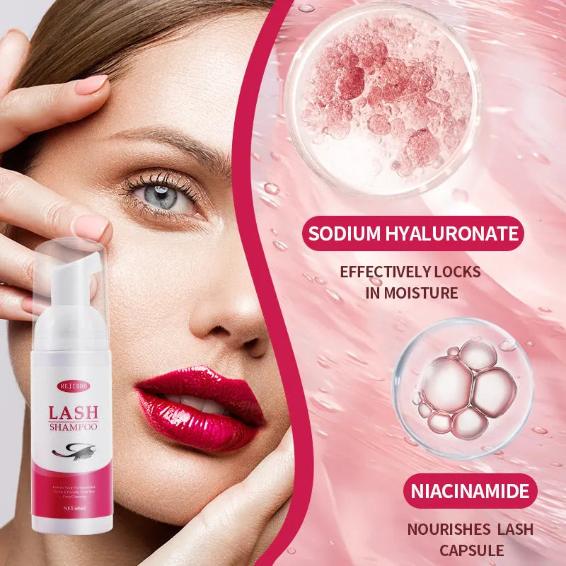 60ml bottle of eyelash cleaning mousse with pump, dimensions 3.7cm by 13.5cm.