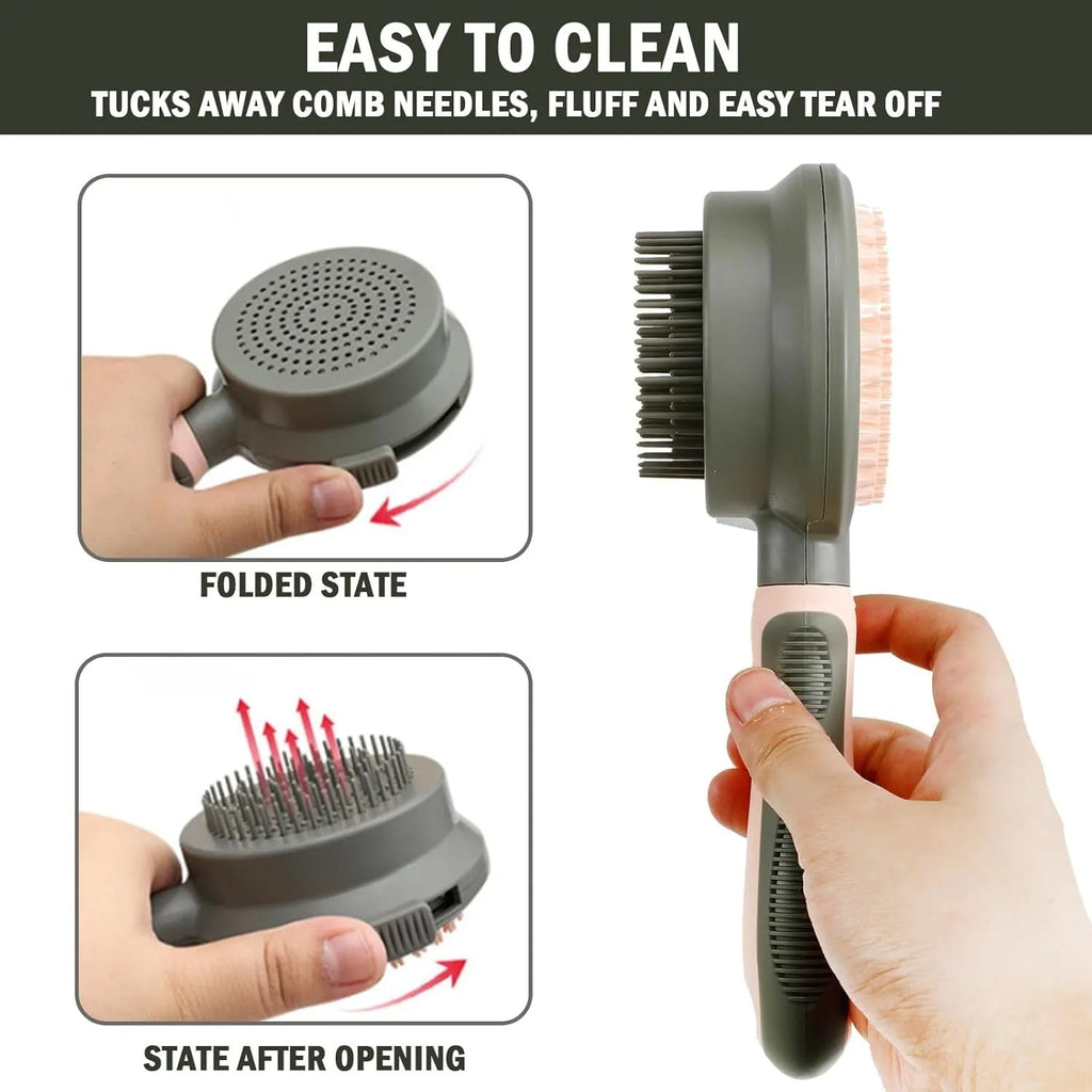 Pink and green double-sided cat grooming brush with release button and separate flea comb
