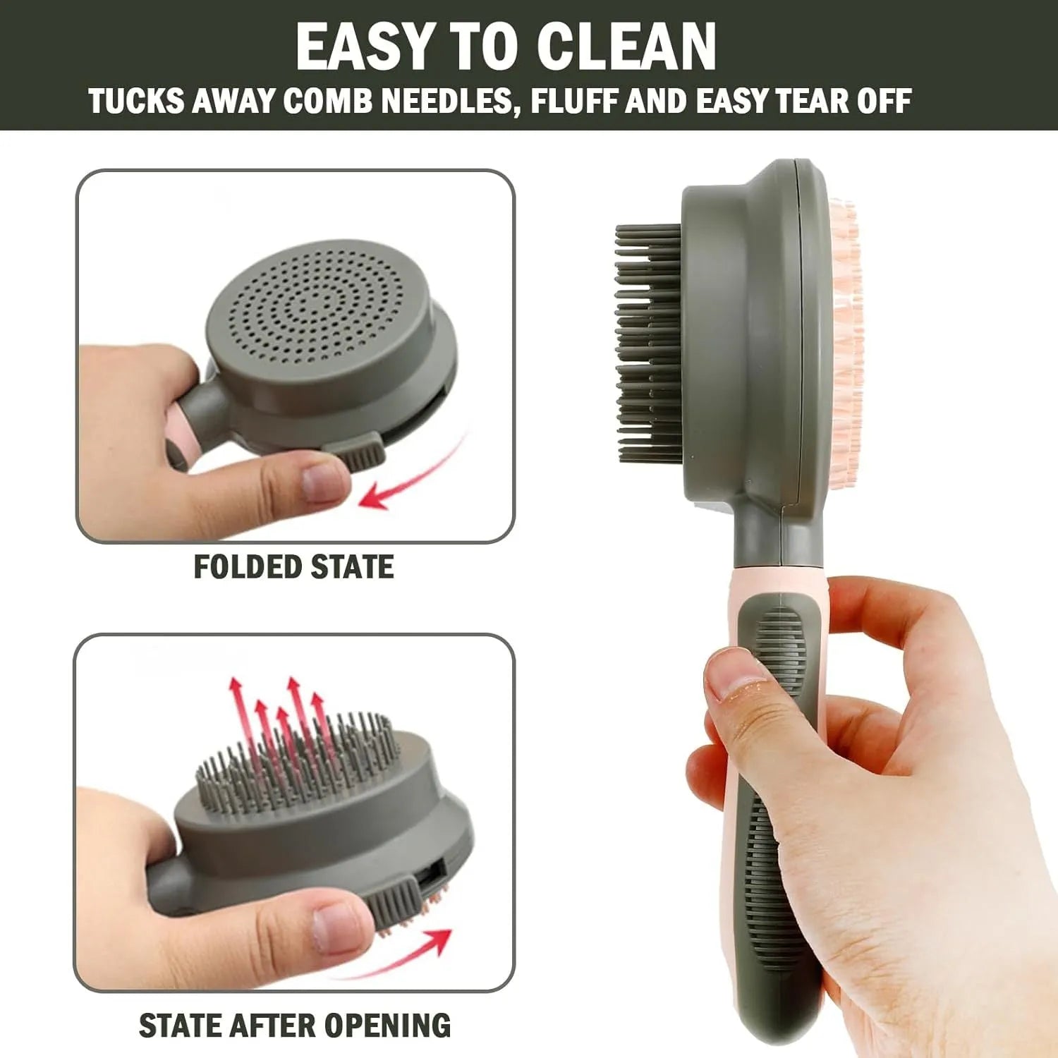 Pink and green double-sided cat grooming brush with release button and separate flea comb