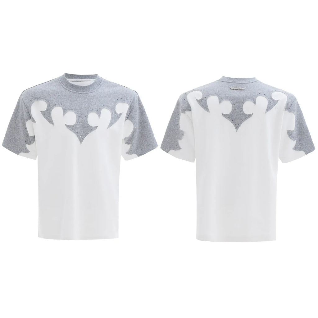 Men's grey cotton short sleeve shirt with 3D stitching and rhinestone flower embroidery detail