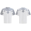 Men's grey cotton short sleeve shirt with 3D stitching and rhinestone flower embroidery detail