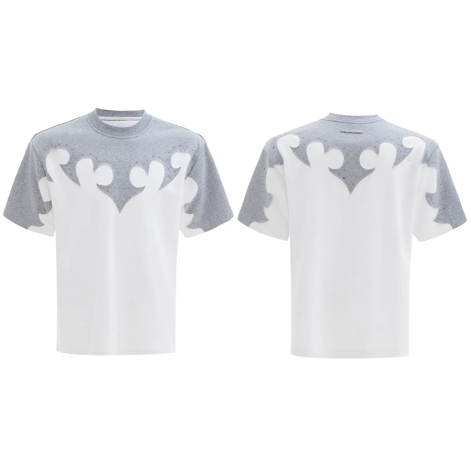 Men's grey cotton short sleeve shirt with 3D stitching and rhinestone flower embroidery detail