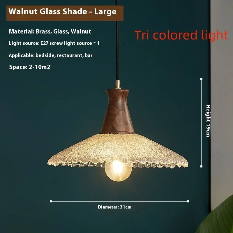 Retro brass and glass chandelier with solid wood body in three size options