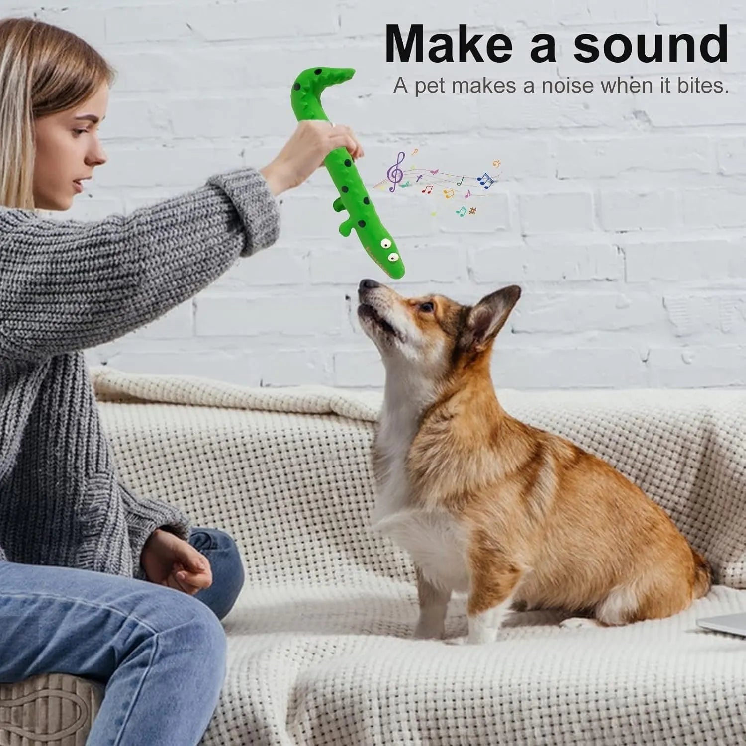Green cartoon lizard-shaped dog chew toy with textured surface for teeth cleaning.