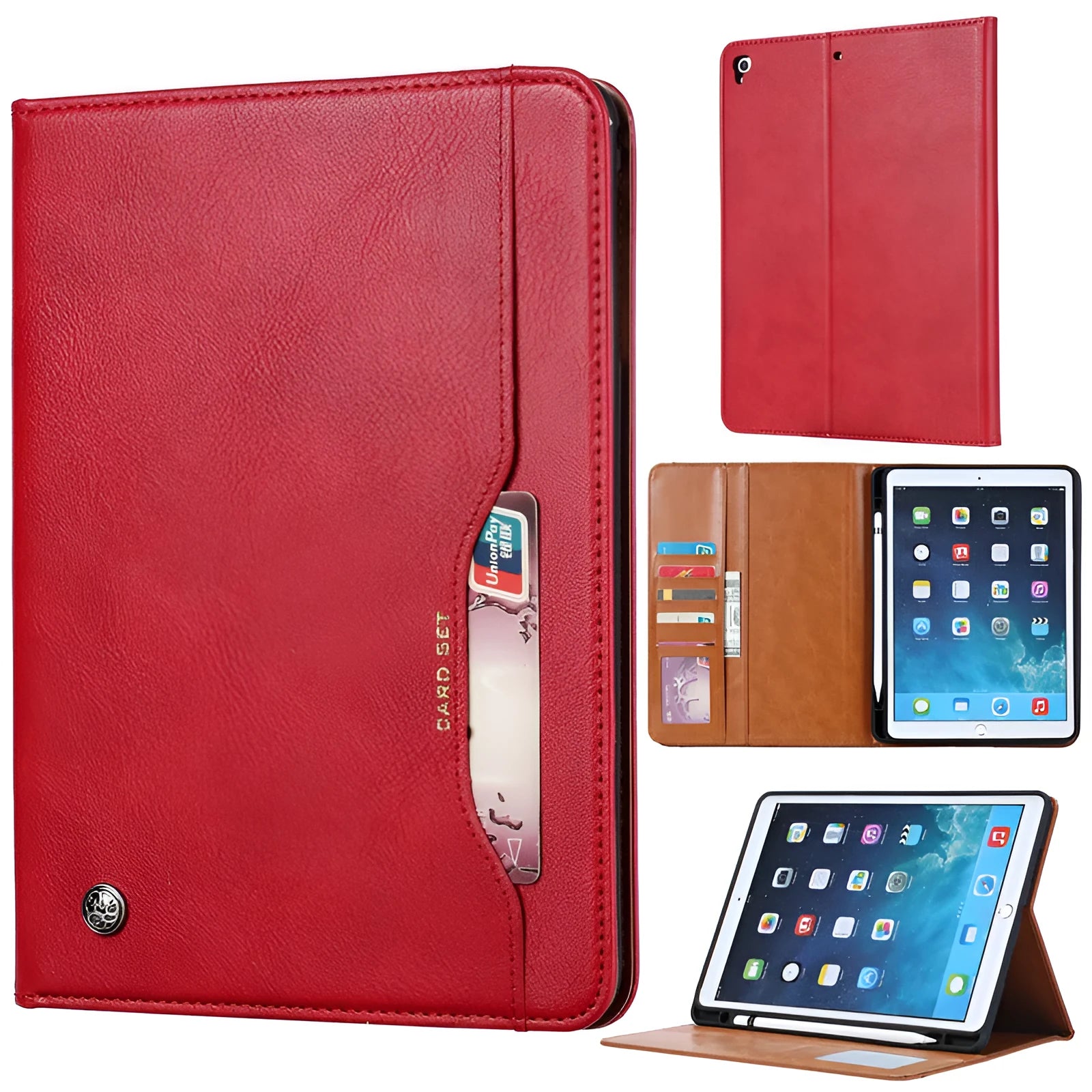 Classic kneading imitation leather iPad flip protective cover in black, open and closed.