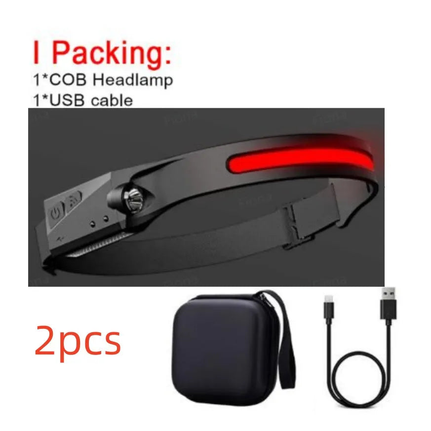 Black silicone USB rechargeable headlamp with side wave sensor and dual LED lights for wide and long-distance illumination.