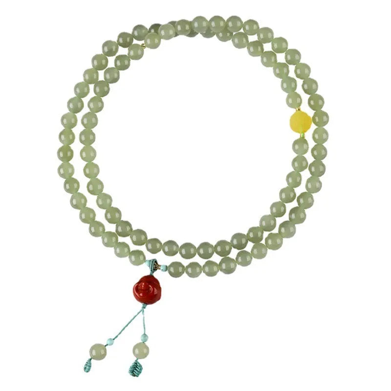 Pale blue Hetian jade bracelet with 6mm beads in three-circle traditional design