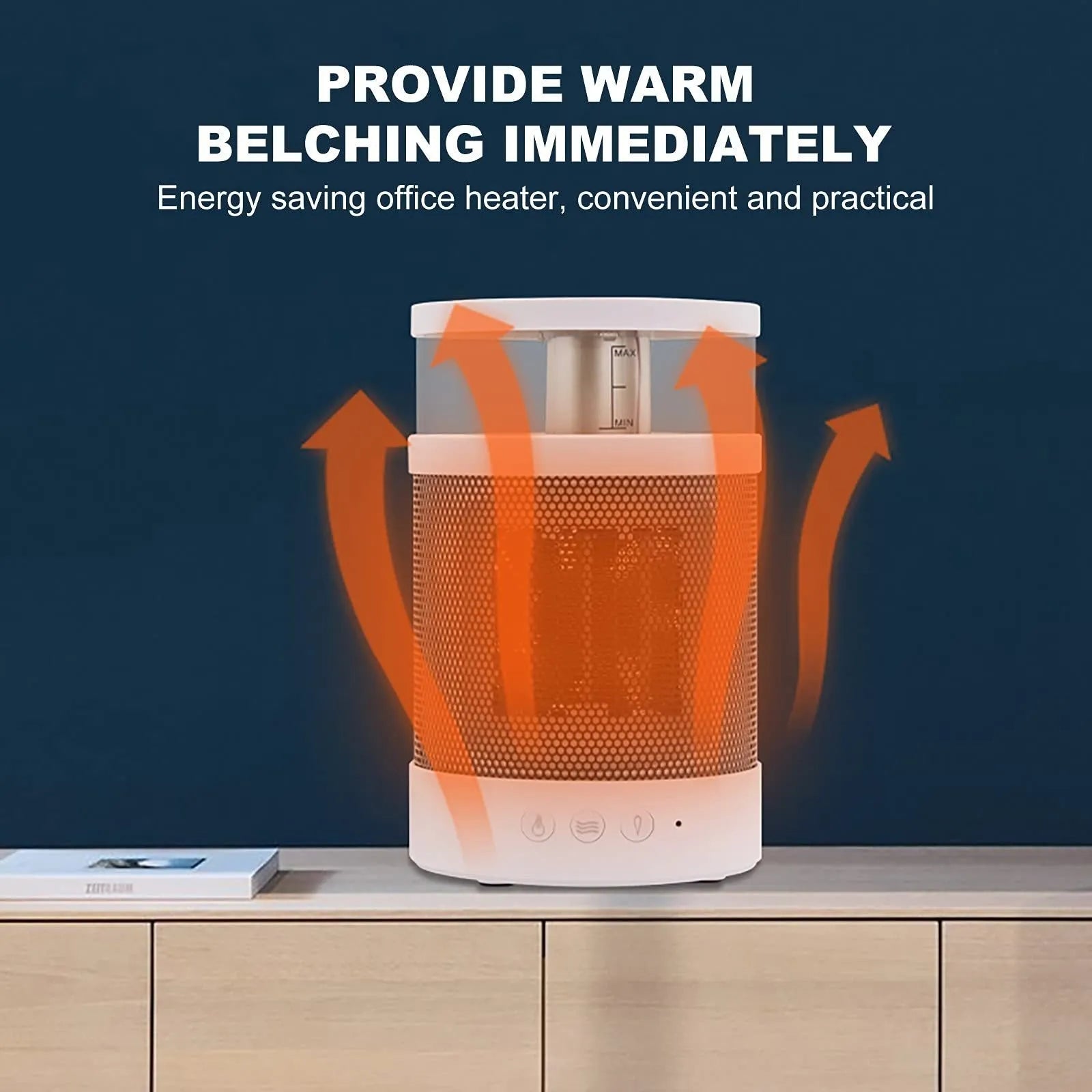 White 3 in 1 portable space heater with 400ml humidifier and colourful night light on a desk