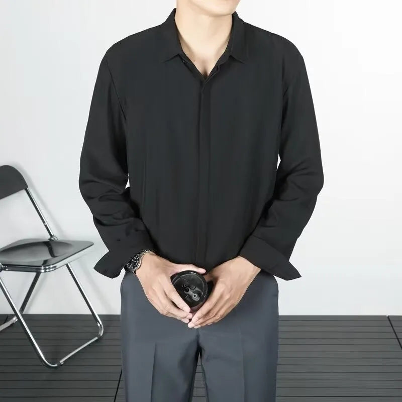 Korean-style loose long-sleeved men's linen-silk shirt in solid colour with wrinkle-free finish