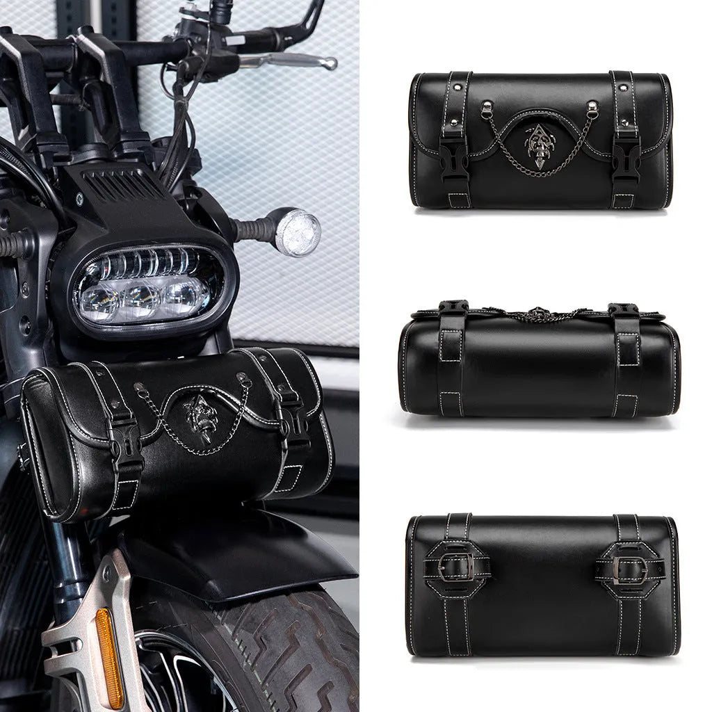 Black punk-style motorcycle pannier bag made from PU leather mounted on a bike.