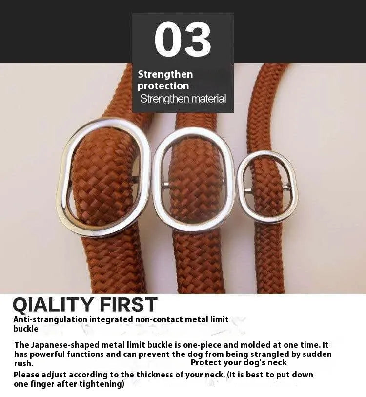Brown nylon dog leash with P chain hand grip showing 2.1 metre length