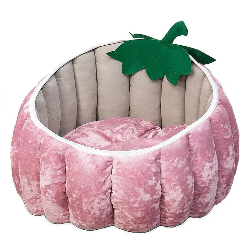 Halloween pumpkin-shaped cat bed with cartoon devil design in soft plush material