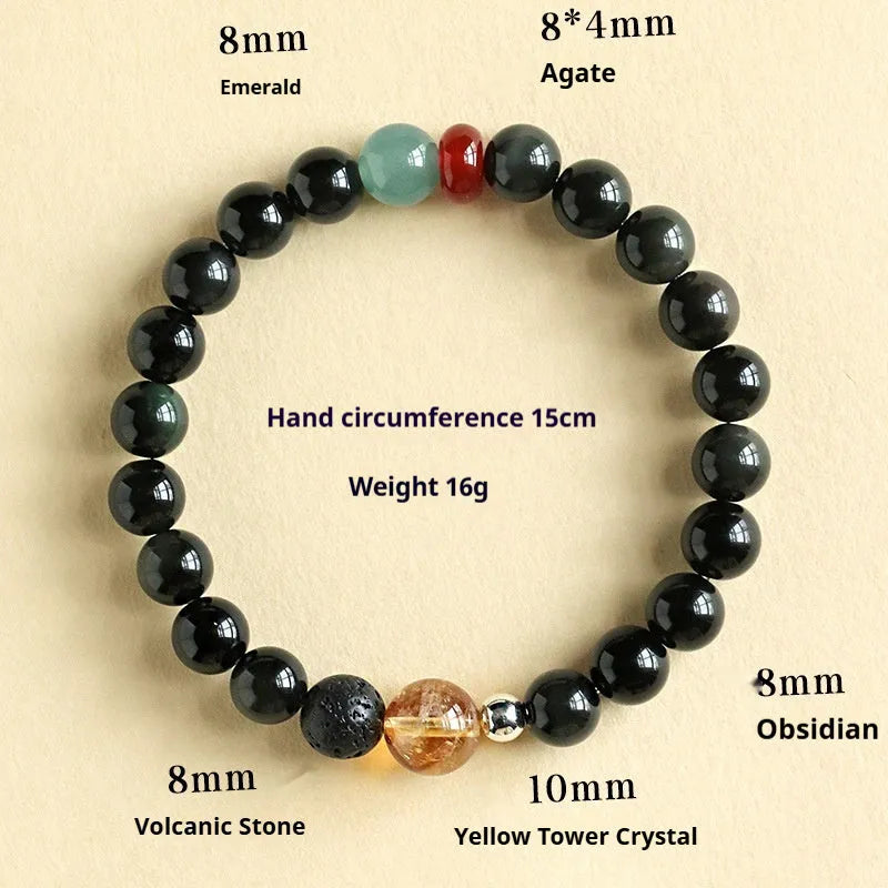 Chinese style obsidian and agate jade couple bracelet with yellow tower crystal beads.
