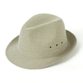 Men's classic fedora hat in suit material and linen, shown in various colours with size tags for 57cm, 58cm, 59cm, and 60cm.