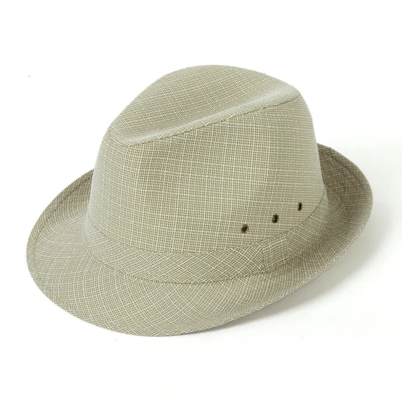 Men's classic fedora hat in suit material and linen, shown in various colours with size tags for 57cm, 58cm, 59cm, and 60cm.