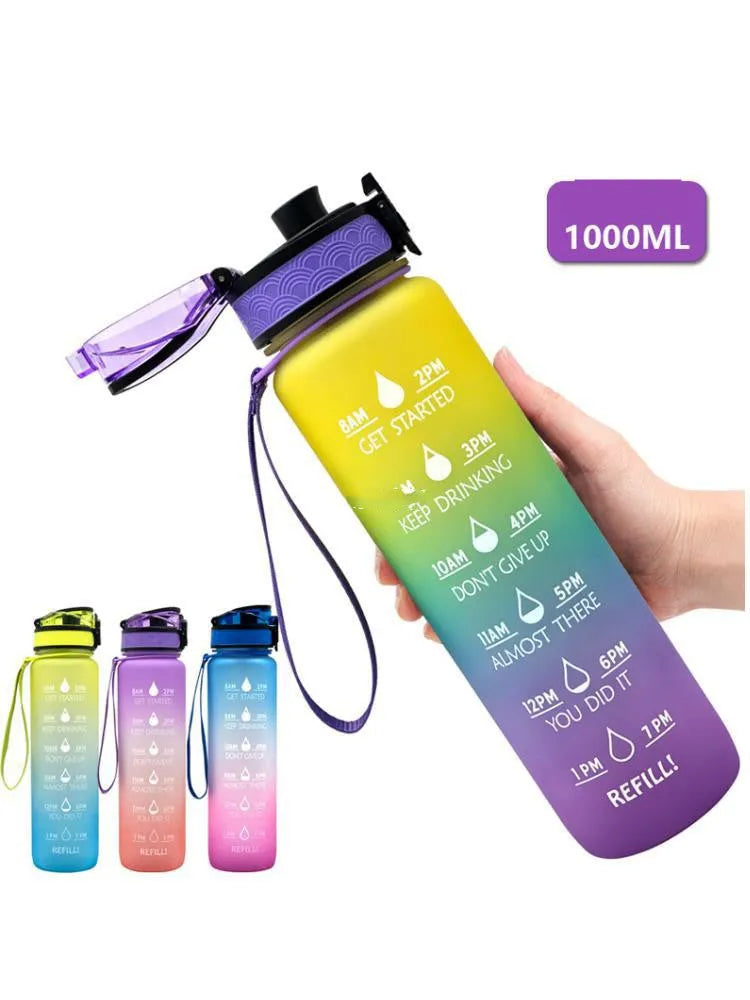 Clear 1000ml sports water bottle with infuser, showing BPA-free Tritan plastic construction.