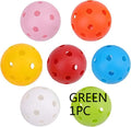 Multi-colour 42mm golf practice balls with a 26-hole surface design in a net pocket.