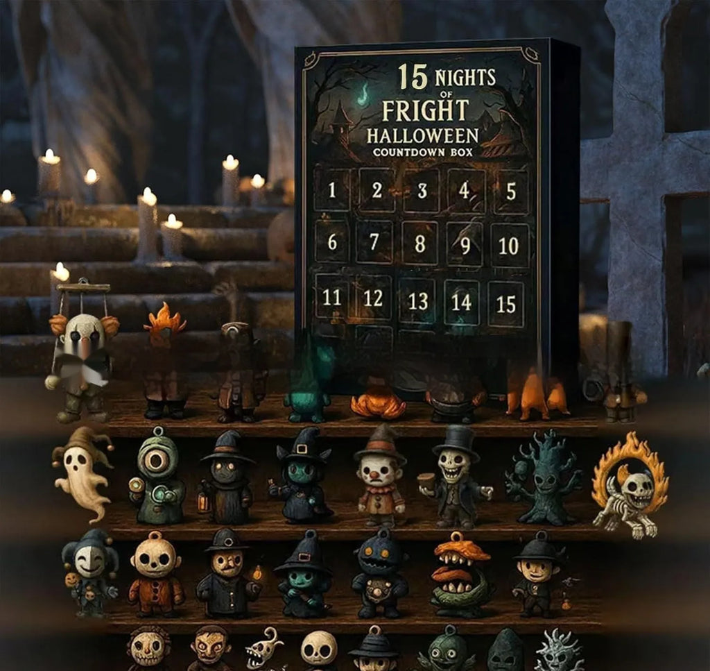 Halloween horror countdown advent calendar box with blind box surprises and resin craft figures.