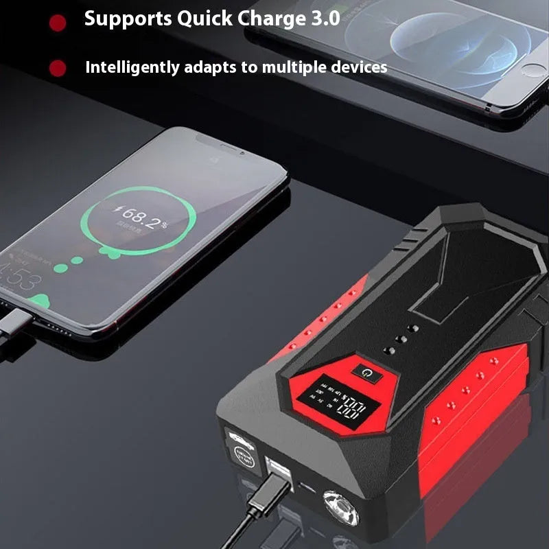 Red 12V car emergency jump starter power bank with battery clamps