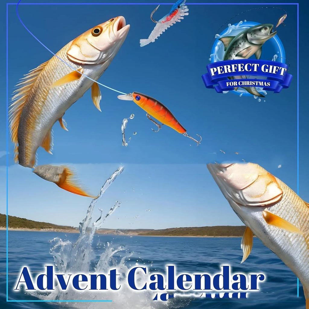 Christmas advent calendar fishing gear set in a box measuring 14 by 9 by 1.5 inches