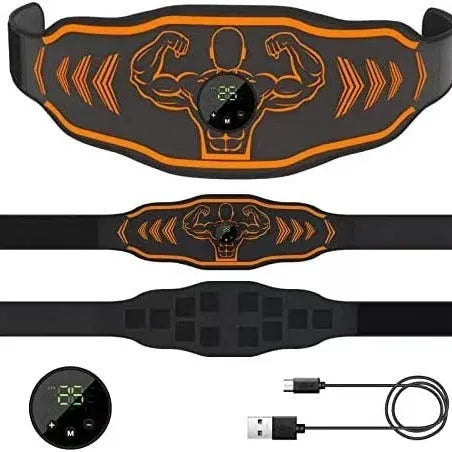 Rechargeable EMS smart massage belt and host unit in orange and blue colour options