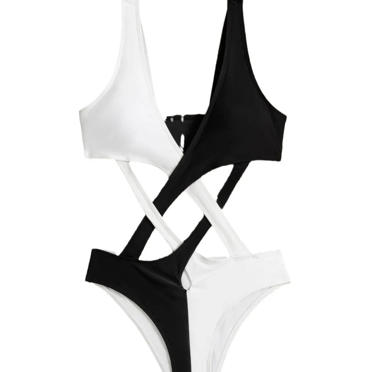White women's one-piece swimsuit with colour block hollow out design