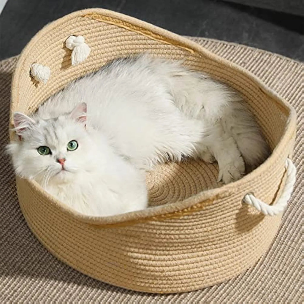 Wicker cat bed basket with corrugated scratching board for feline resting and claw maintenance
