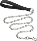 Heavy duty metal dog leash with a soft black padded handle and chrome chain.