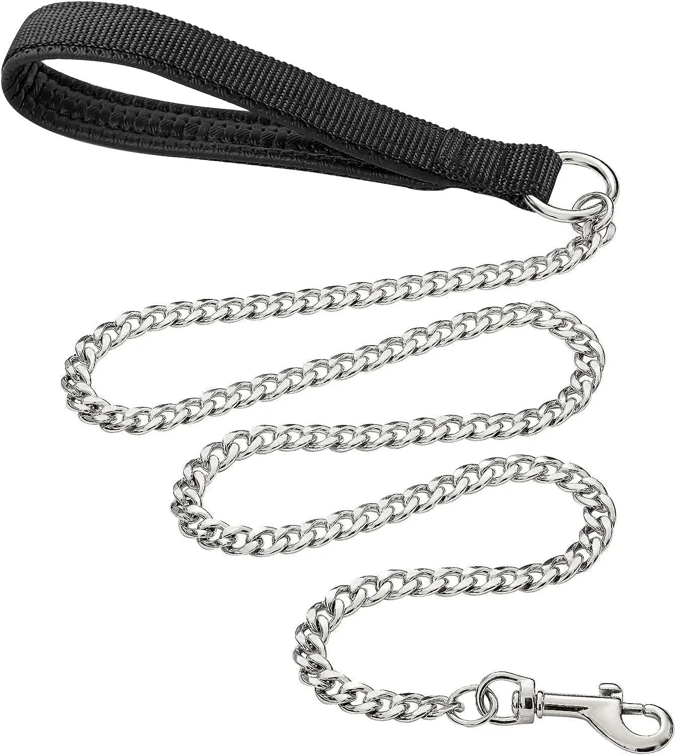 Heavy duty metal dog leash with a soft black padded handle and chrome chain.