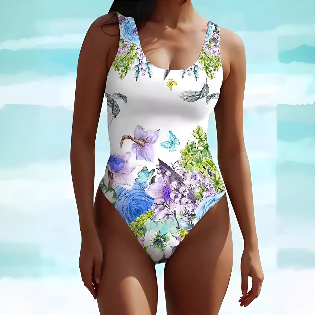 Women's artistic retro bohemian style sleeveless swimsuit dress in spandex fabric with patterned design