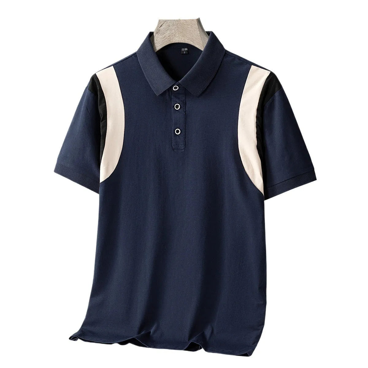 Men's grey striped cotton short-sleeve T-shirt with a business lapel, shown in a loose fit.