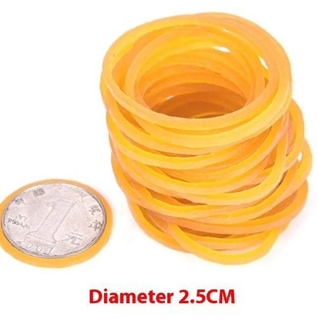 500g pack of mixed diameter yellow rubber bands showing 16mm to 70mm sizes