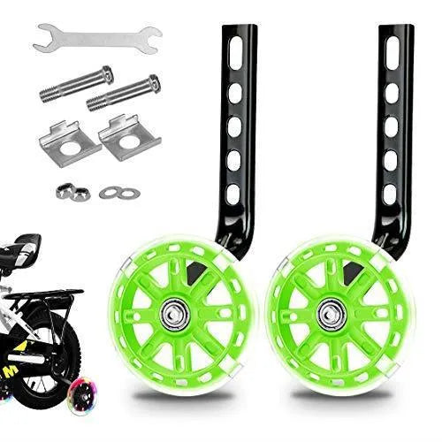 Children's bicycle training wheels kit with universal bracket, shown in assorted colours.