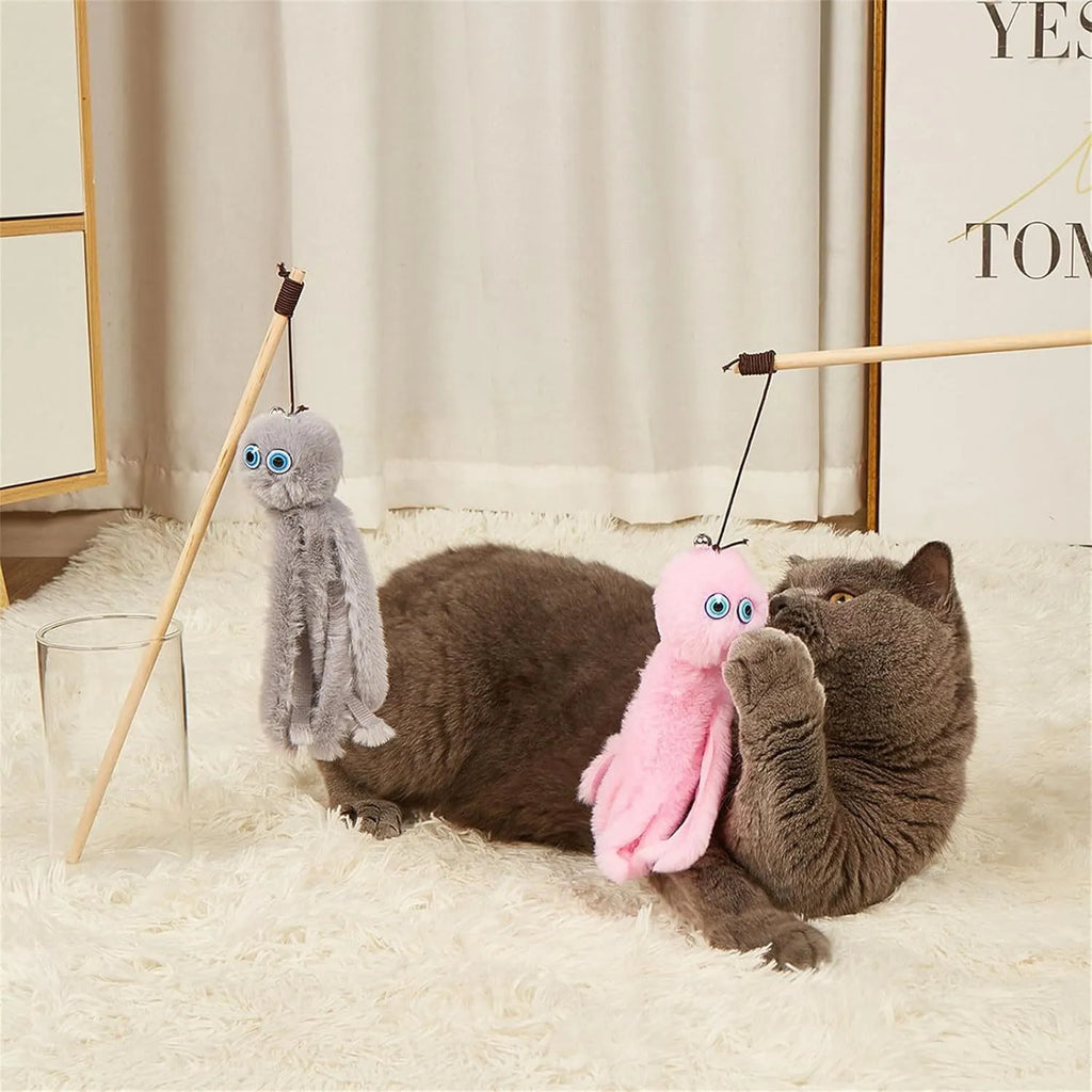 Octopus cat toy with long stick in grey, pink, purple or red colours for indoor kittens