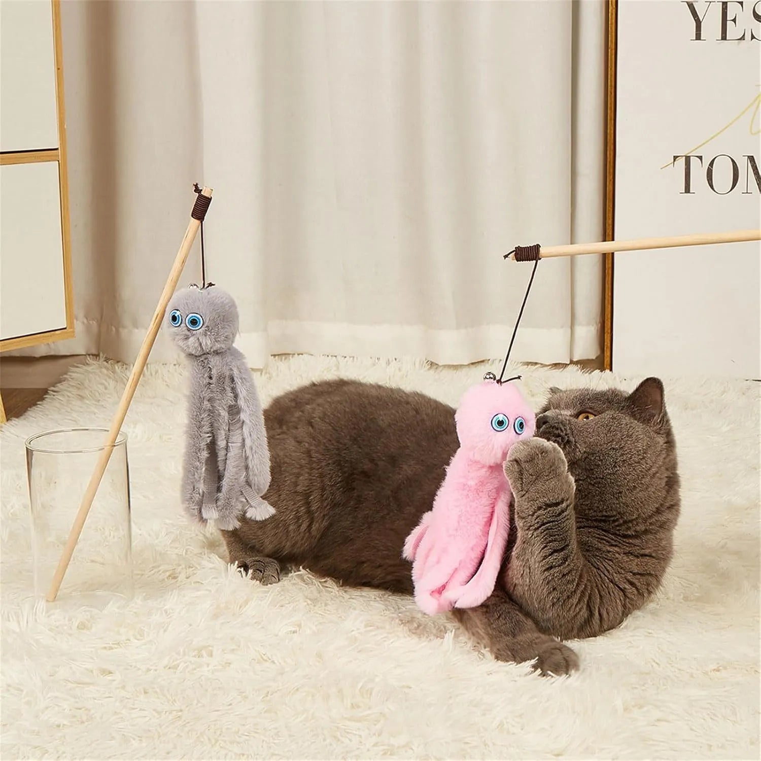 Octopus cat toy with long stick in grey, pink, purple or red colours for indoor kittens