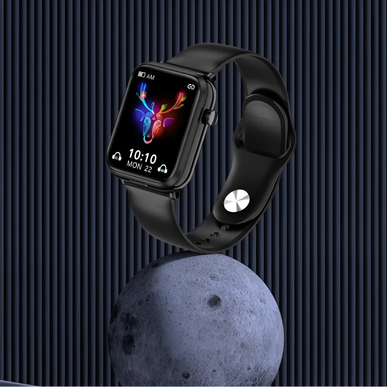 Black all-touch smartwatch with 1.69-inch screen and integrated Bluetooth earbuds on a wrist.