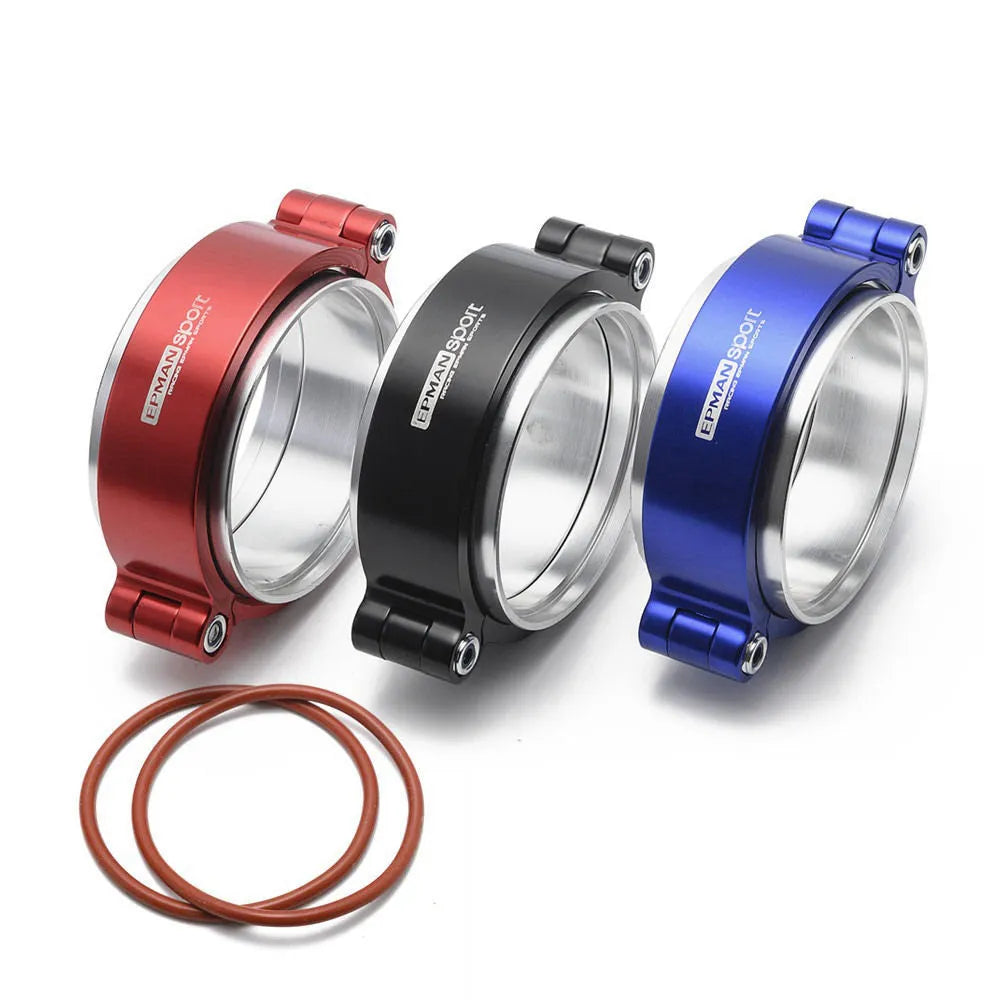 Aluminium car exhaust clamp in black on a 3-inch turbo downpipe