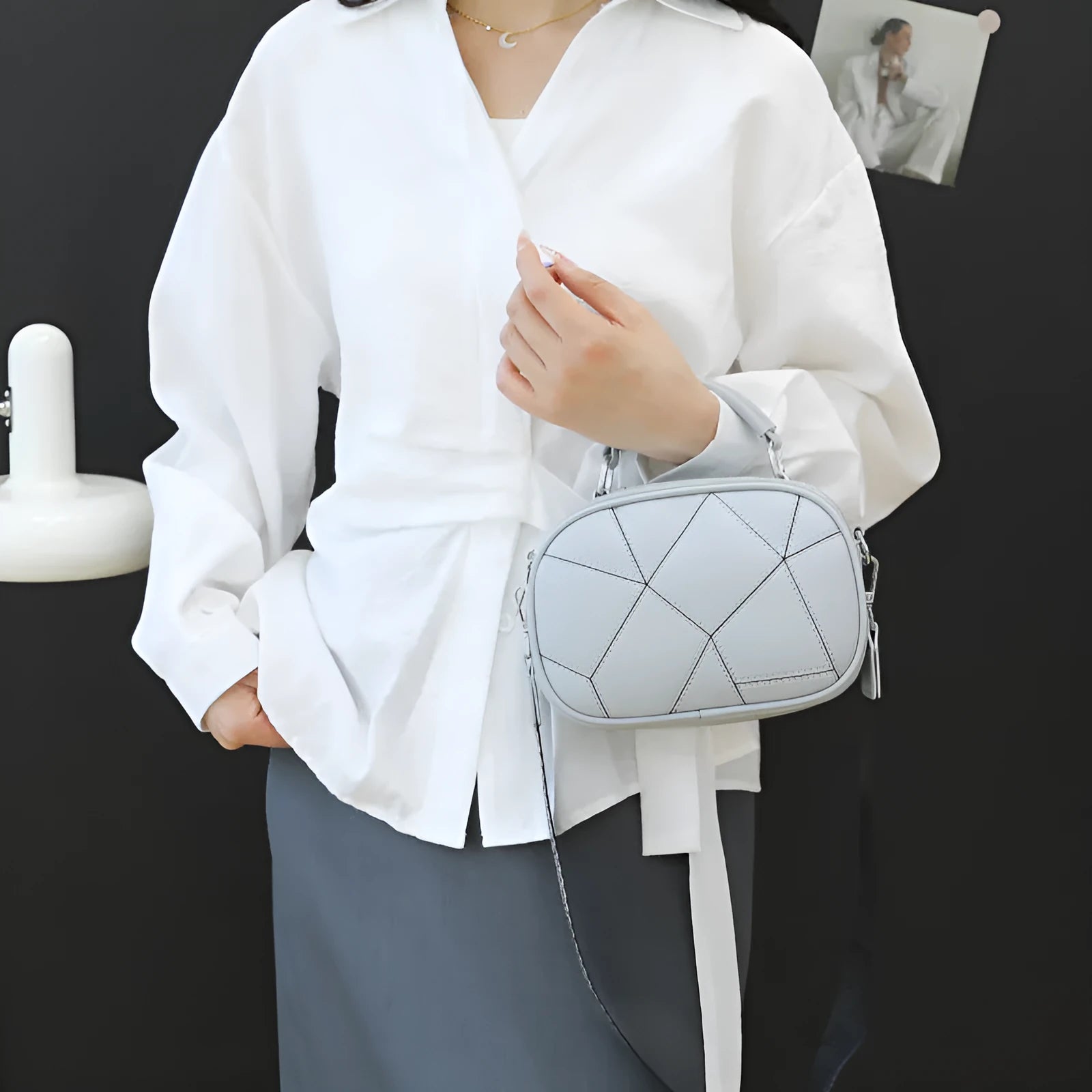 PU leather round small bag with three-layer retro patchwork design in 20x15cm size