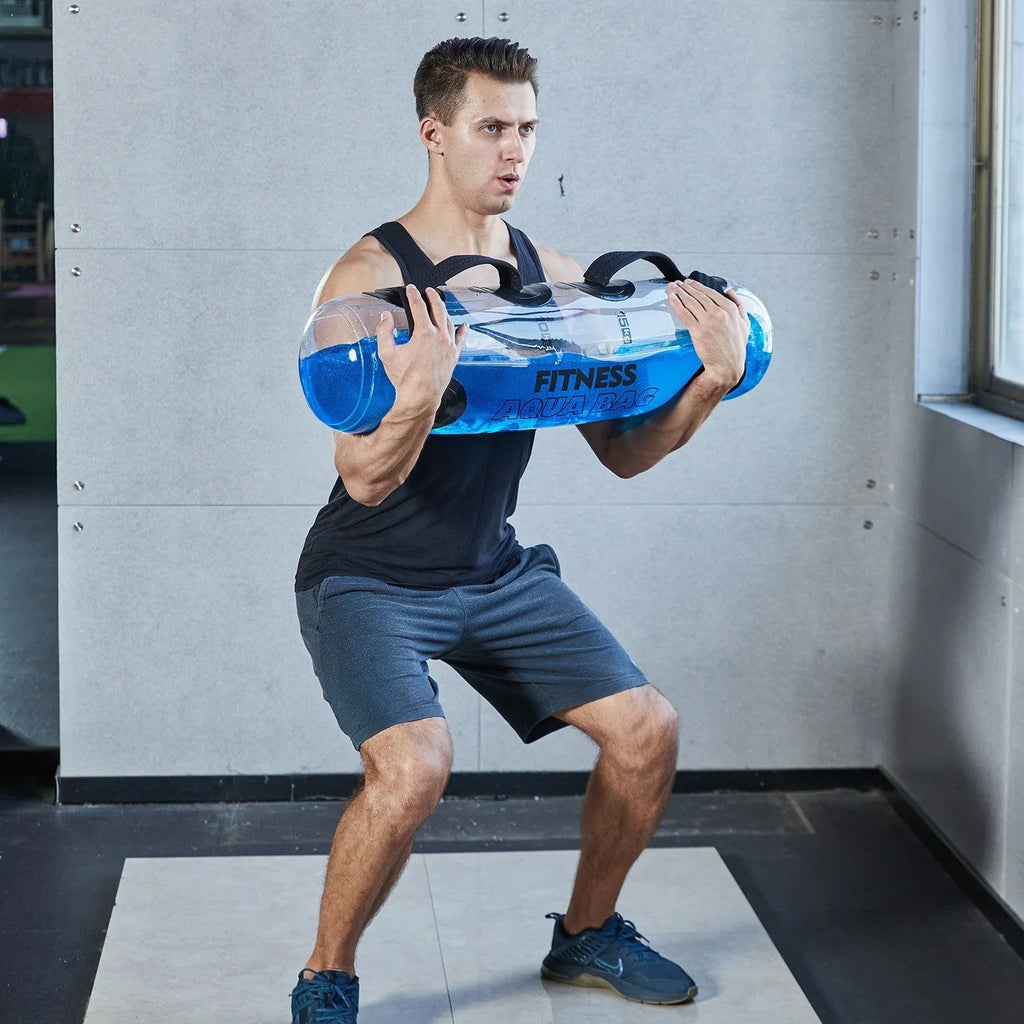 Transparent PVC water injection weight lifting bag showing adjustable water fill for strength training
