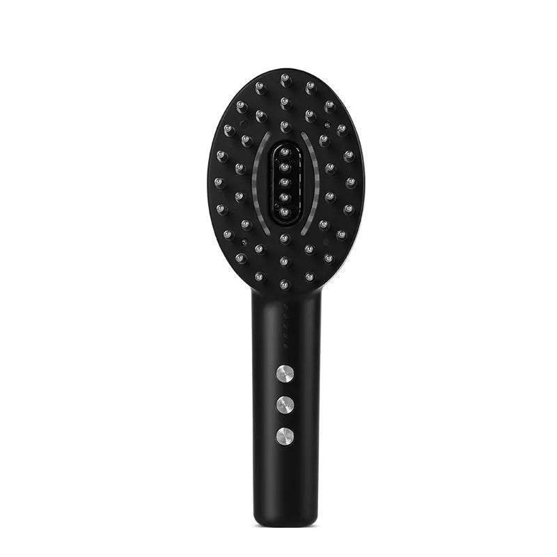 Black handheld scalp massager device with vibration settings for hair care therapy