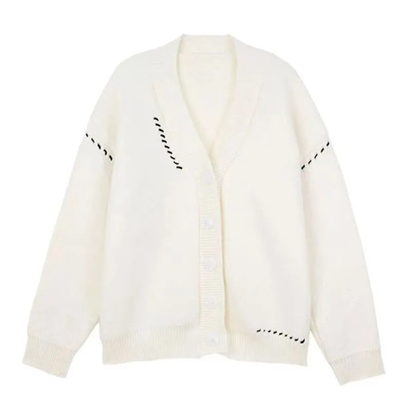 Women's loose-fit knitted cardigan coat in black or white, long sleeve
